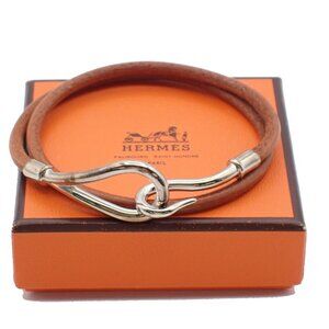 HERMES Logo Jumbo Hook Double Wrap Bracelet Leather Brown SHW